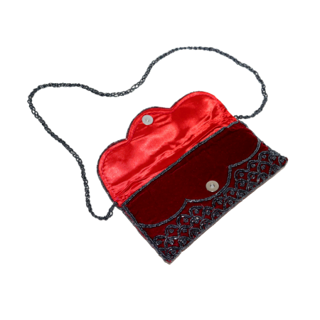 Handmade Velvet Beaded Clutch Bag with Chain Strap in Red Floral Design